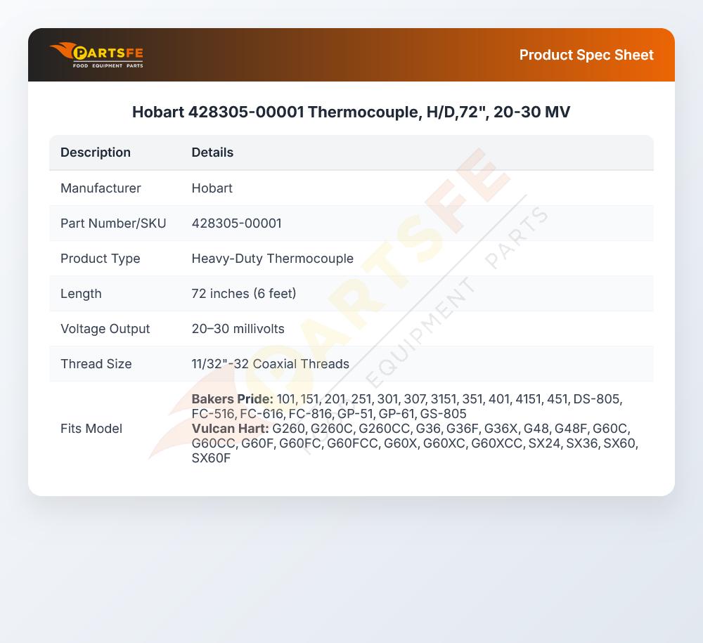 Hobart 428305-00001 Thermocouple, H/D,72", 20-30 MV