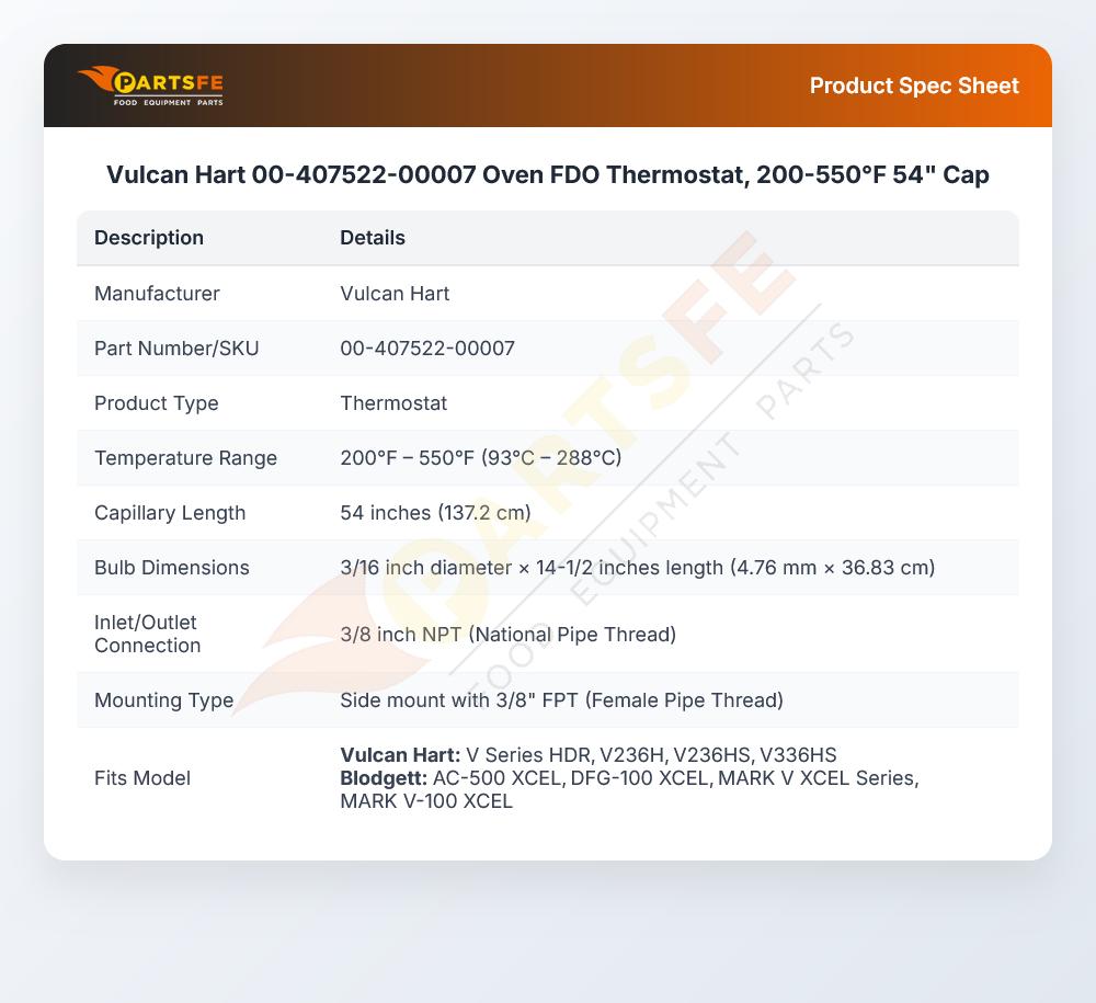 Vulcan Hart 00-407522-00007 Oven FDO Thermostat, 200-550&deg;F 54" Cap
