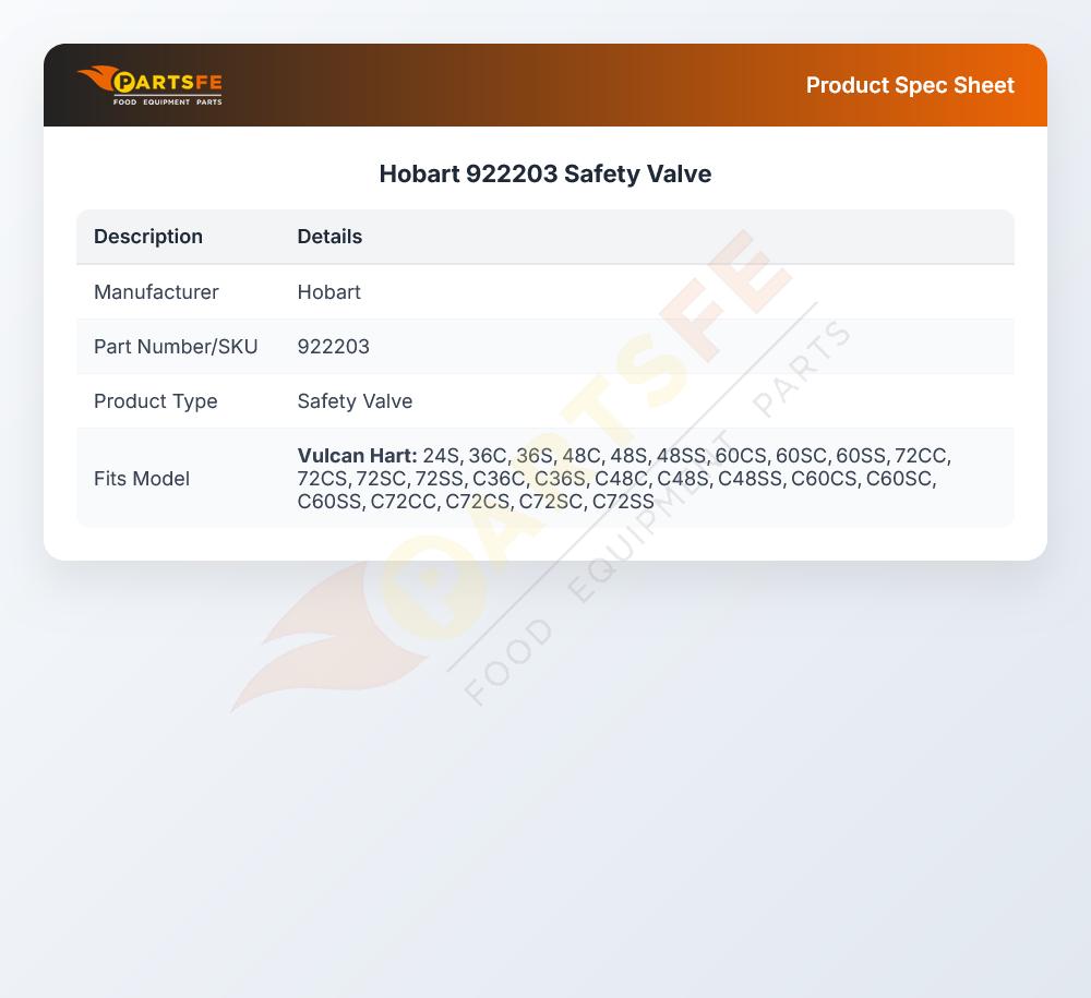 Hobart 922203 Oven Safety Valve