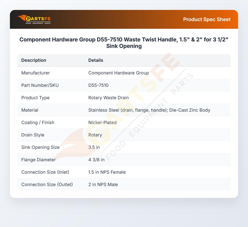 Component Hardware Group D55-7510 Waste Twist Handle 1.5" & 2" 3 1/2" Sink Opening