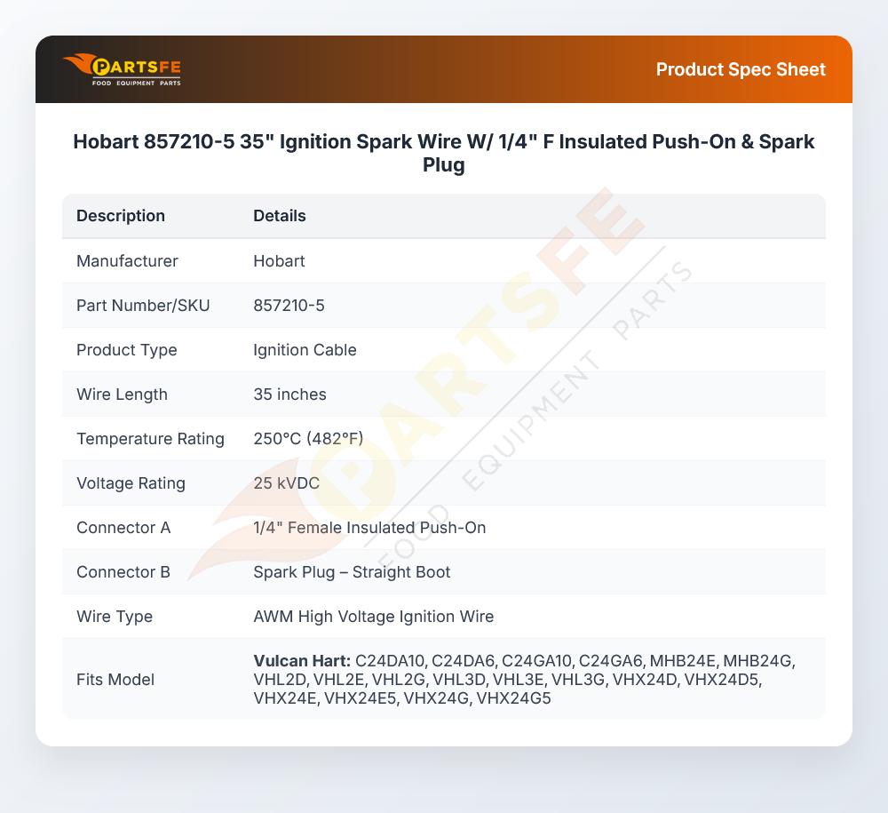Hobart 857210-5 35" Ignition Spark Wire W/ 1/4" F Insulated Push-On & Spark Plug