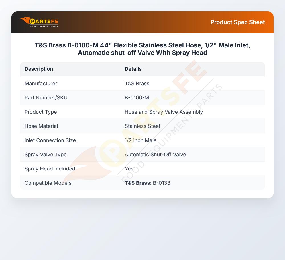 T&S Brass B-0100-M Spray Valve W/Flexible SS Hose 44" Male Inlet 1/2" Automatic Shut-Off Valve