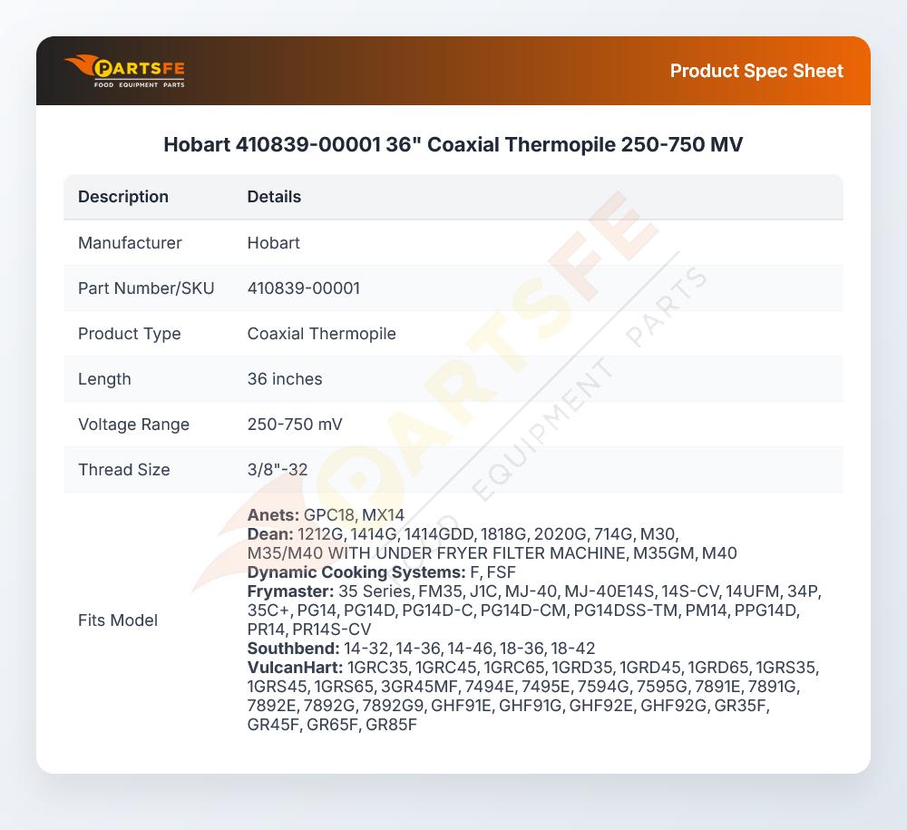 Hobart 410839-00001 36" Coaxial Thermopile 250-750 MV