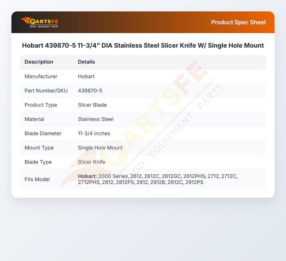 Hobart 439870-5 Knife W/ Single Hole Mount 11-3/4" DIA SS