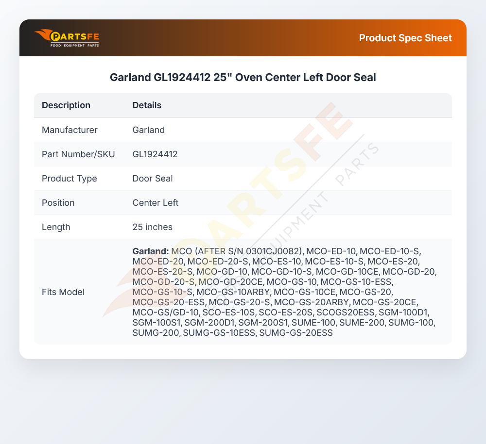 Garland GL1924412 Oven Center Left Door Seal 25"