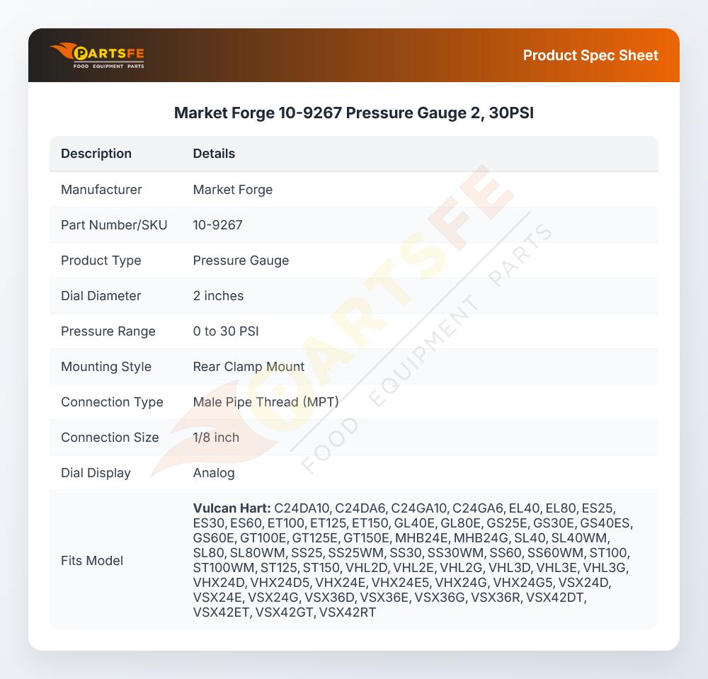 Market Forge 10-9267 Pressure Gauge 2" 30 PSI