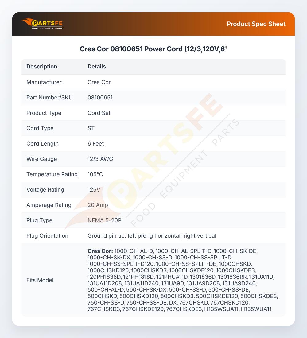 Cres Cor 08100651 Power Cord 20A 120V 1PH