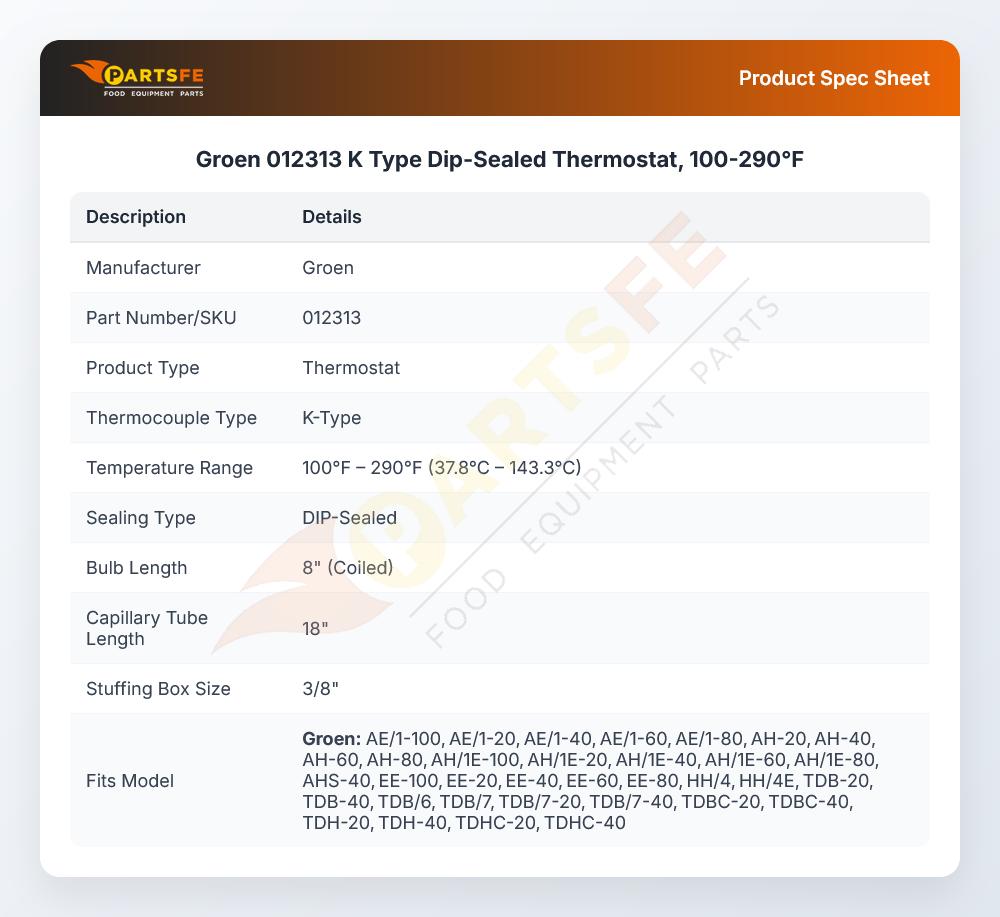 Groen 012313 Jacketed Kettle Thermostat 100-290&deg;F