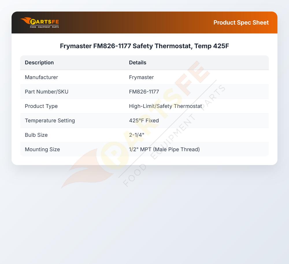 Frymaster FM826-1177 Fryer Safety Thermostat 425&deg;F