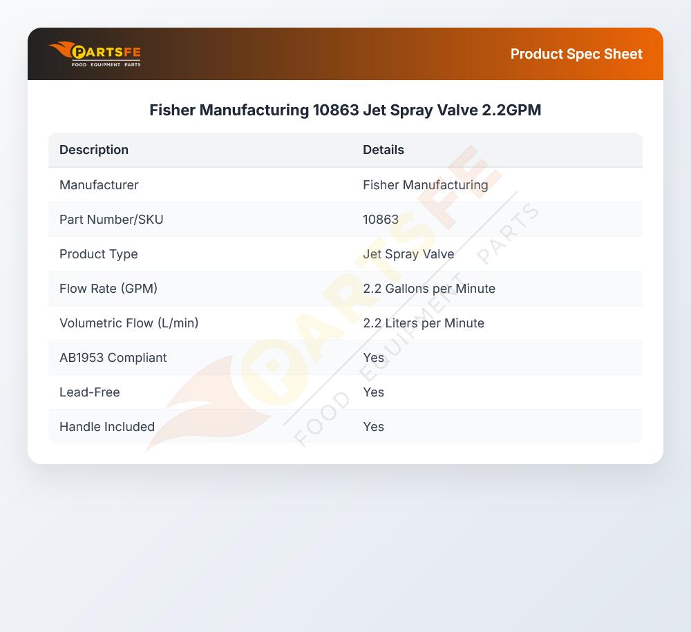 Fisher Manufacturing 10863 Pre-Rinse Jet Spray Valve 2.2 GPM