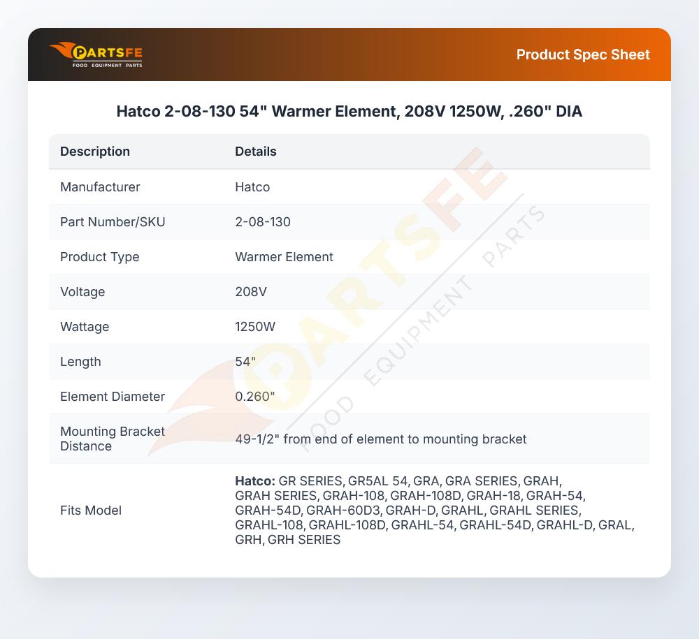 Hatco 2-08-130 54" Warmer Element, 208V 1250W,  .260" DIA