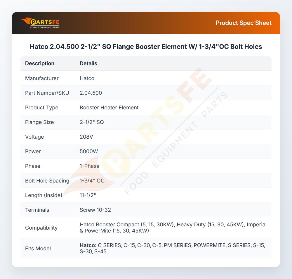 Hatco 2.04.500 2-1/2" SQ Flange Booster Element W/ 1-3/4"OC Bolt Holes