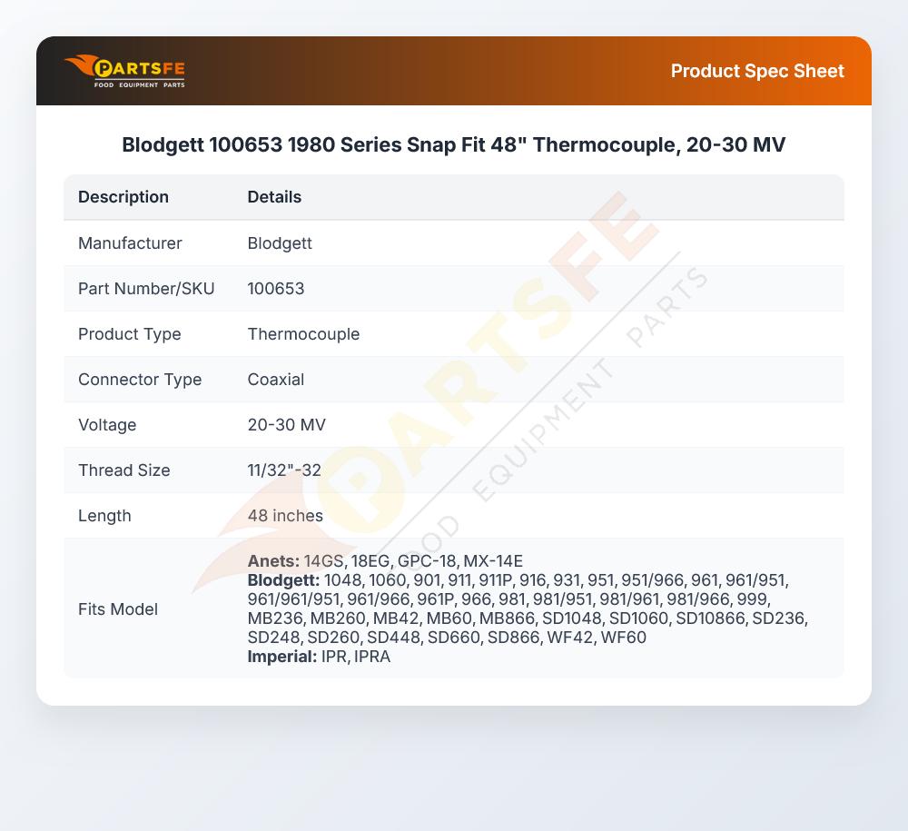 Blodgett 100653 Oven Thermocouple Snap Fit 48" 20-30 mV 1980 Series