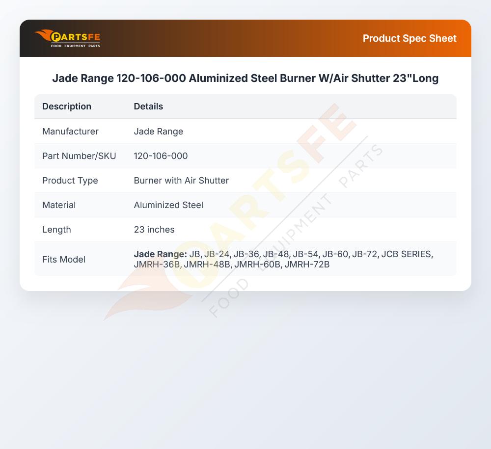 Jade Range 120-106-000 Burner W/Air Shutter 23" Long Aluminized Steel