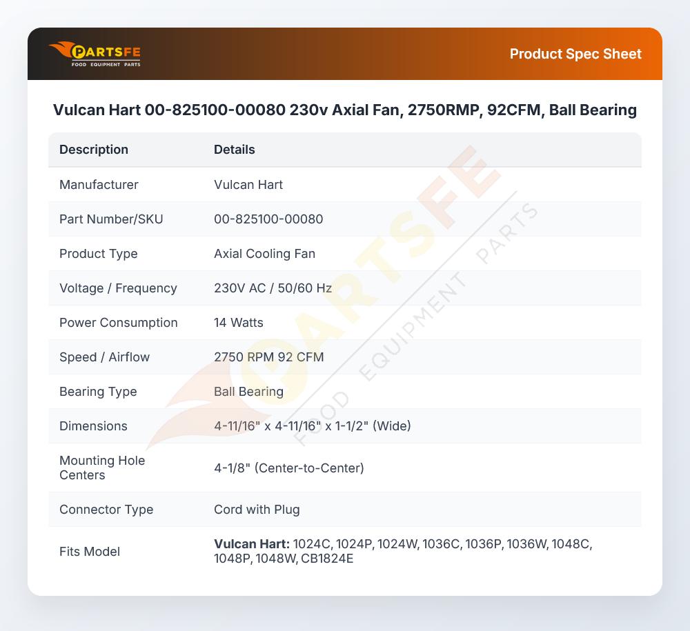 Vulcan Hart 00-825100-00080 230v Axial Fan, 2750RMP, 92CFM, Ball Bearing