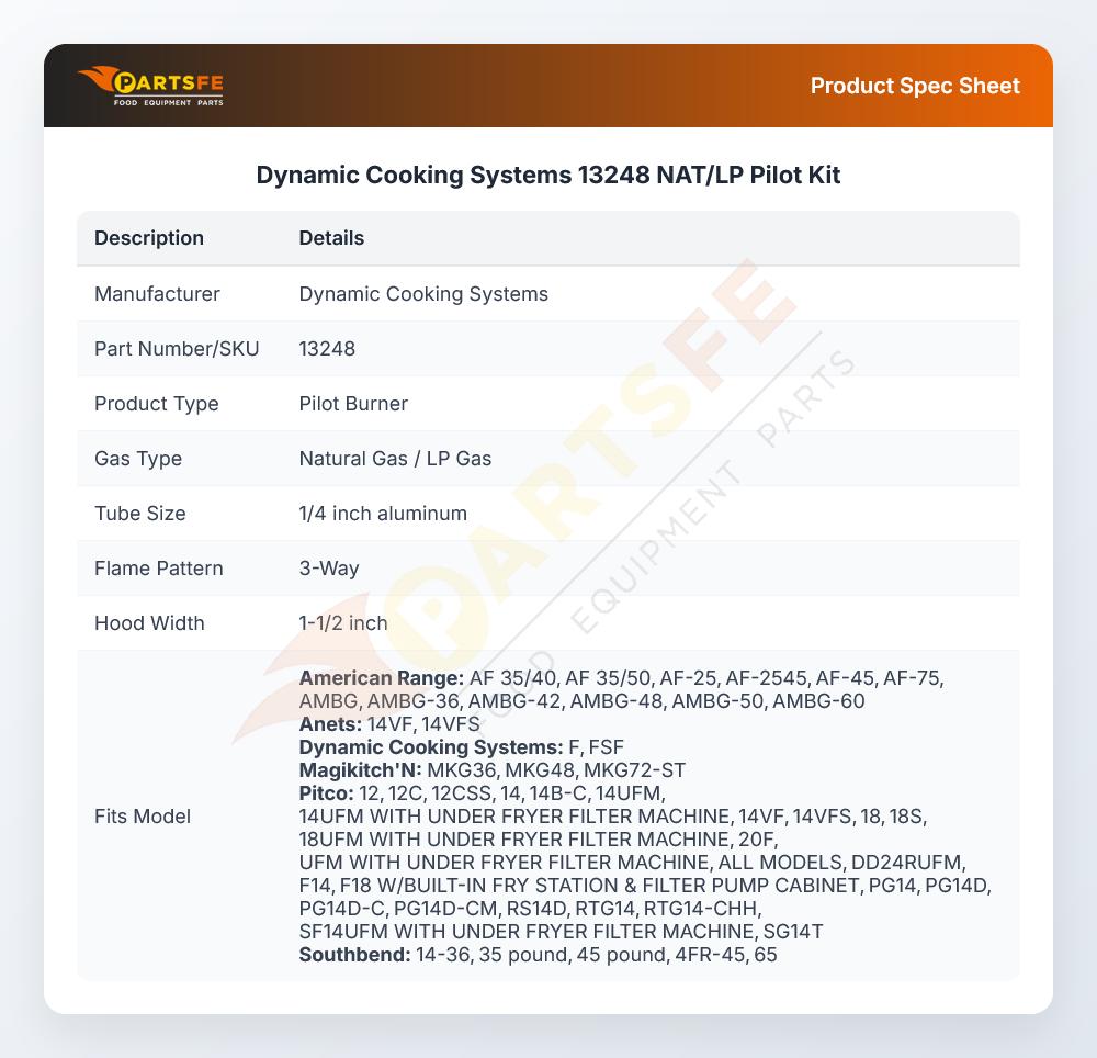 Dynamic Cooking Systems 13248 NAT/LP Pilot Kit