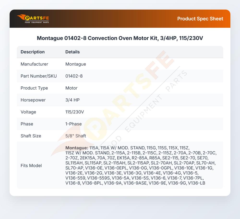 Montague 01402-8 Motor Kit 3/4HP 115/230V