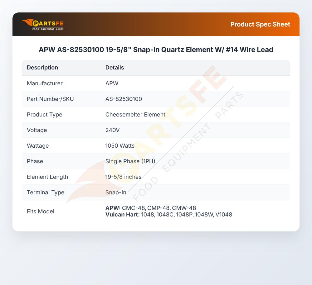 APW AS-82530100 Quartz Element W/Wire Lead #14 19-5/8"