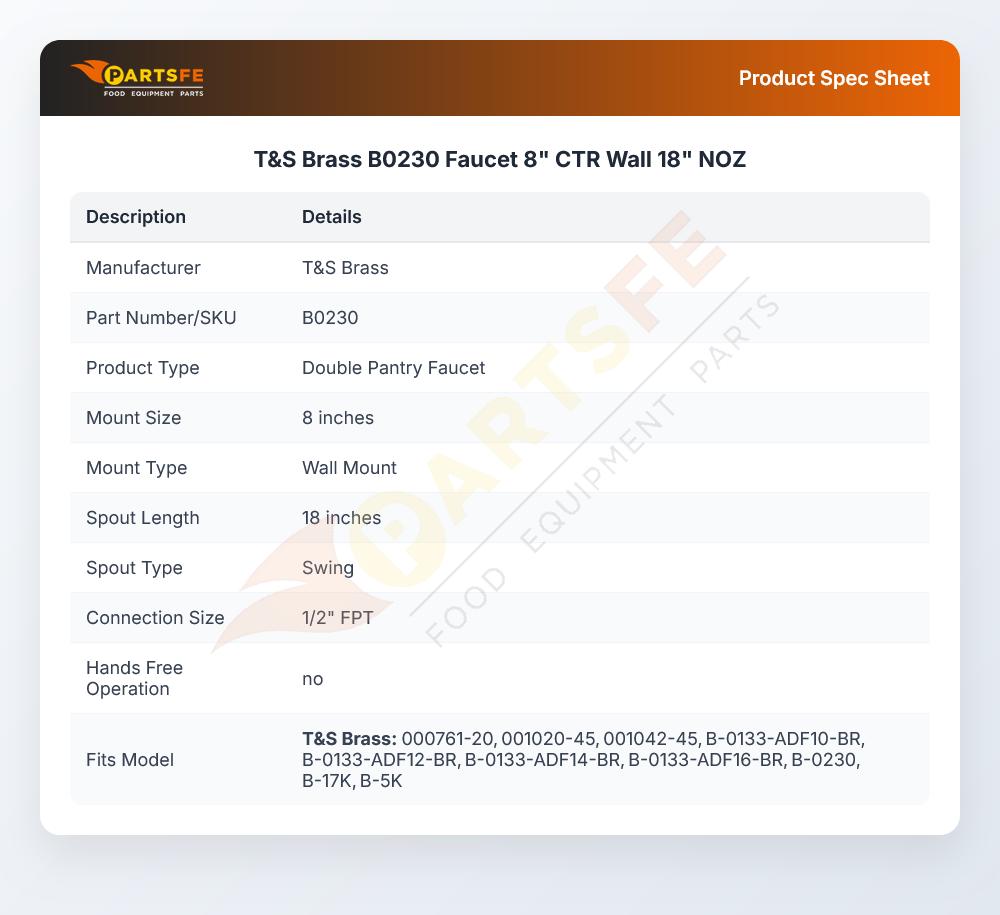 T&S Brass B0230 Faucet 8" CTR Wall 18" NOZ