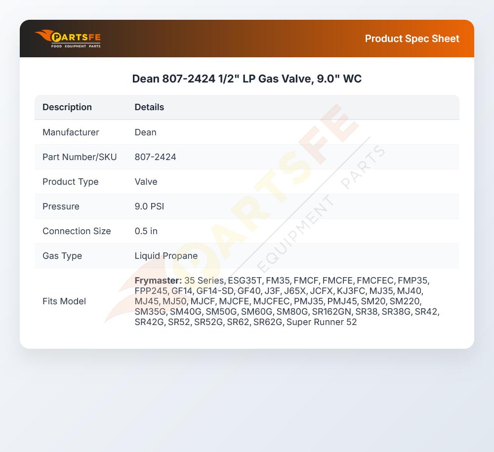 Dean 807-2424 Gas Valve 1/2" LP 9.0" WC