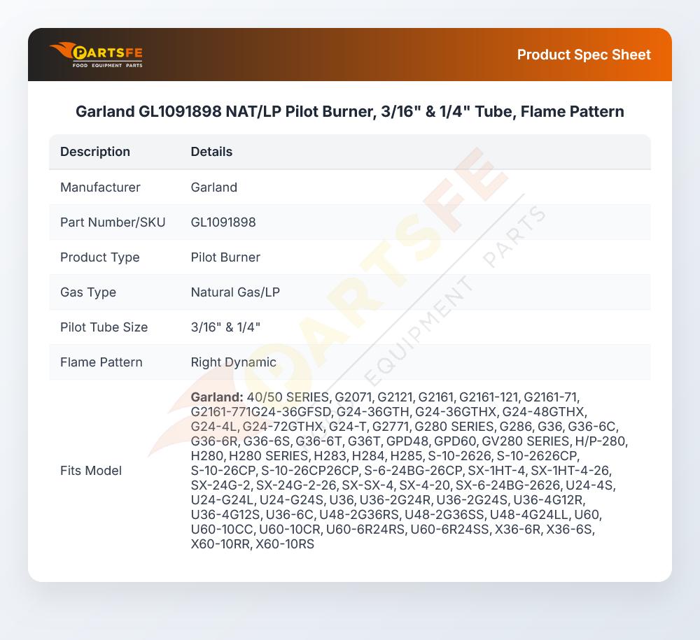 Garland GL1091898 Range Pilot Burner 3/16" & 1/4" Tube Flame Pattern NAT/LP