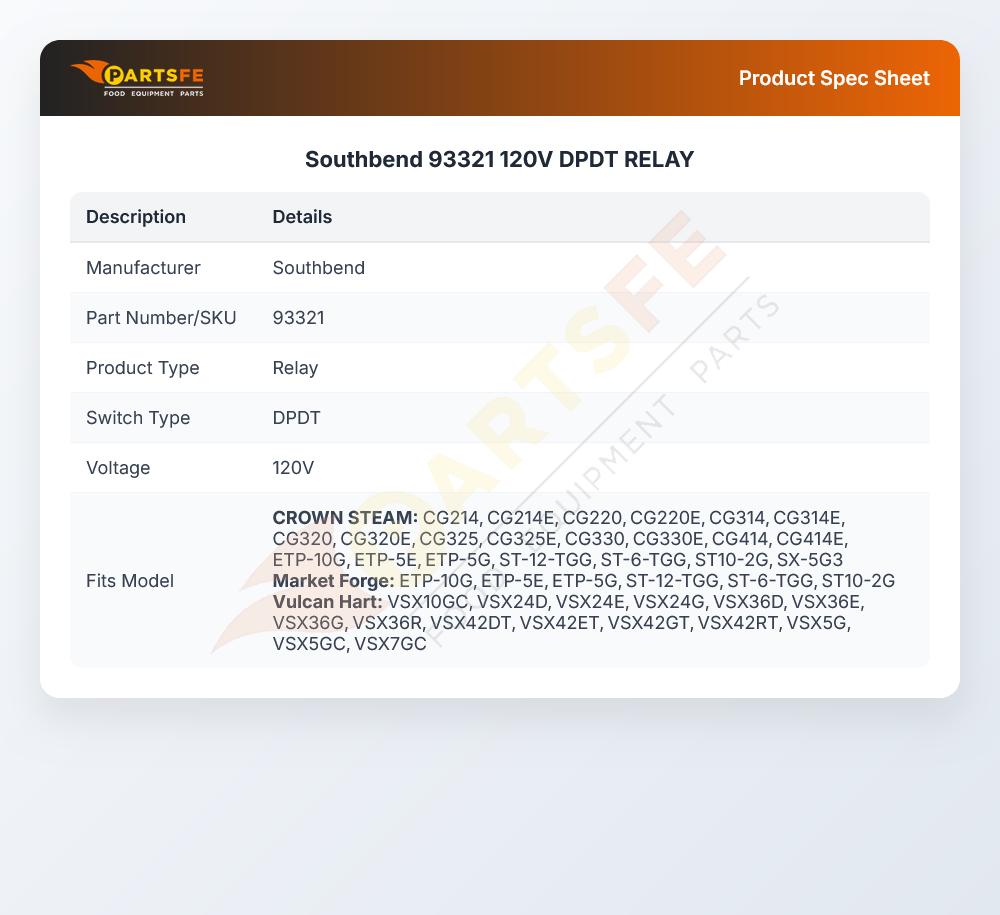 Southbend 93321 Relay DPDT 120V