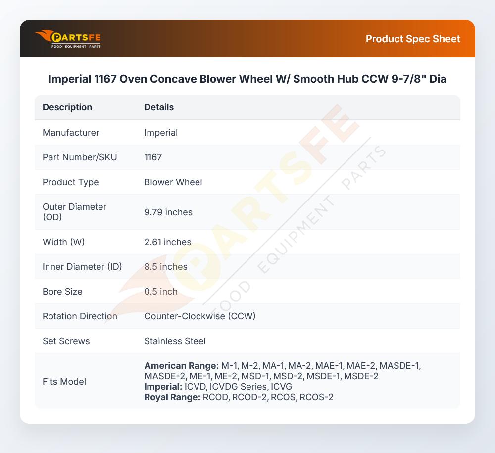 Imperial 1167 Oven Concave Blower Wheel W/ Smooth Hub CCW 9-7/8" Dia