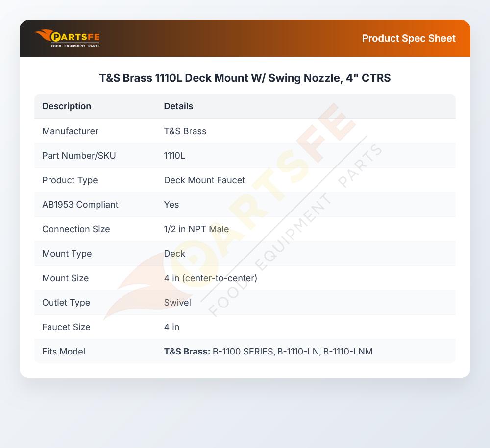 T&S Brass 1110L Deck Mount W/Swing Nozzle 4" CTRS