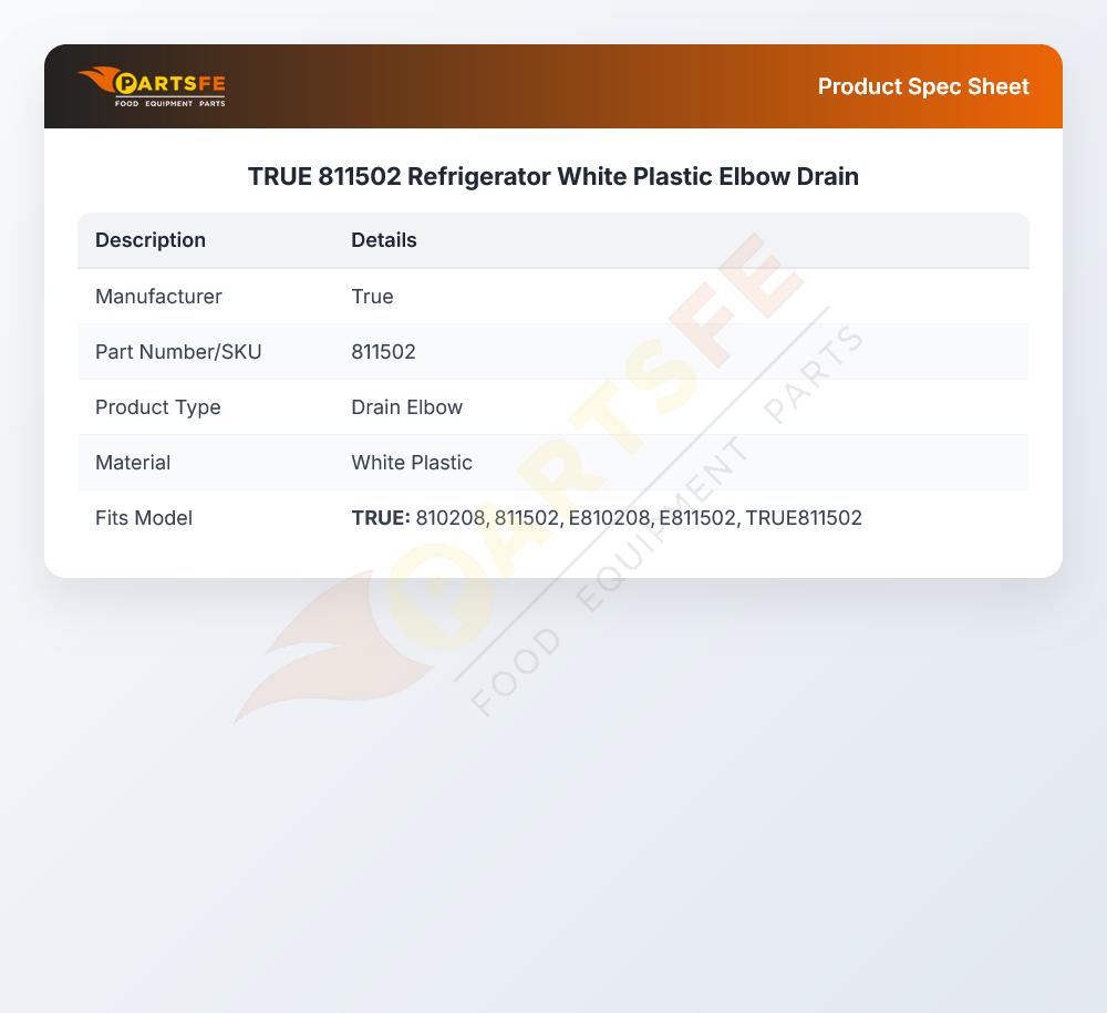 TRUE 811502 Refrigerator White Plastic Elbow Drain