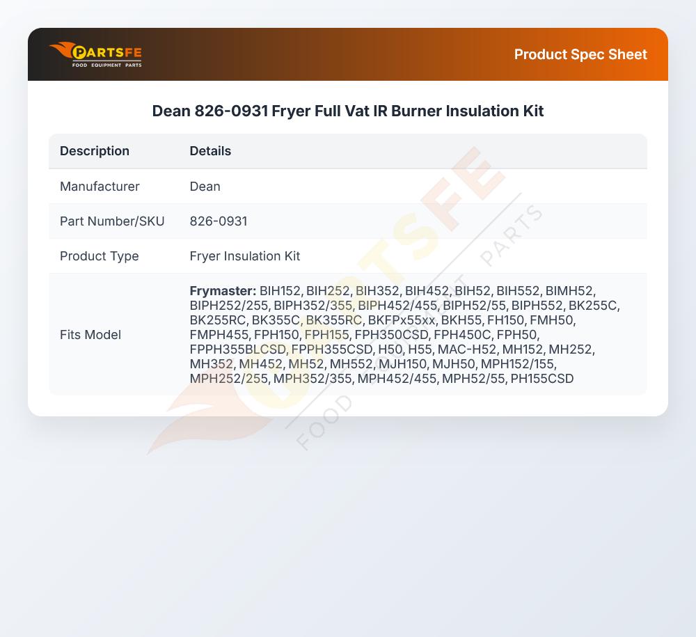 Dean 826-0931 Fryer Full Vat Infrared Burner Insulation Kit