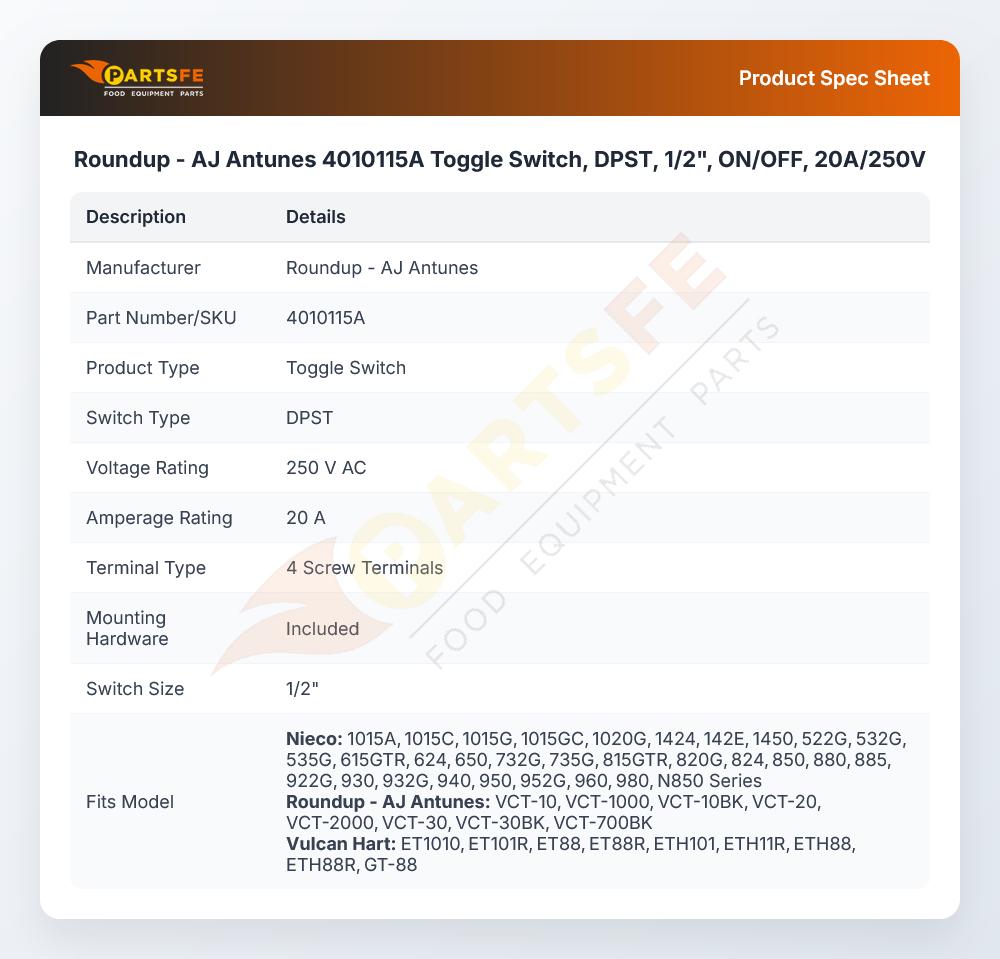 Roundup - AJ Antunes 4010115A Toggle Switch, DPST, 1/2", ON/OFF, 20A/250V