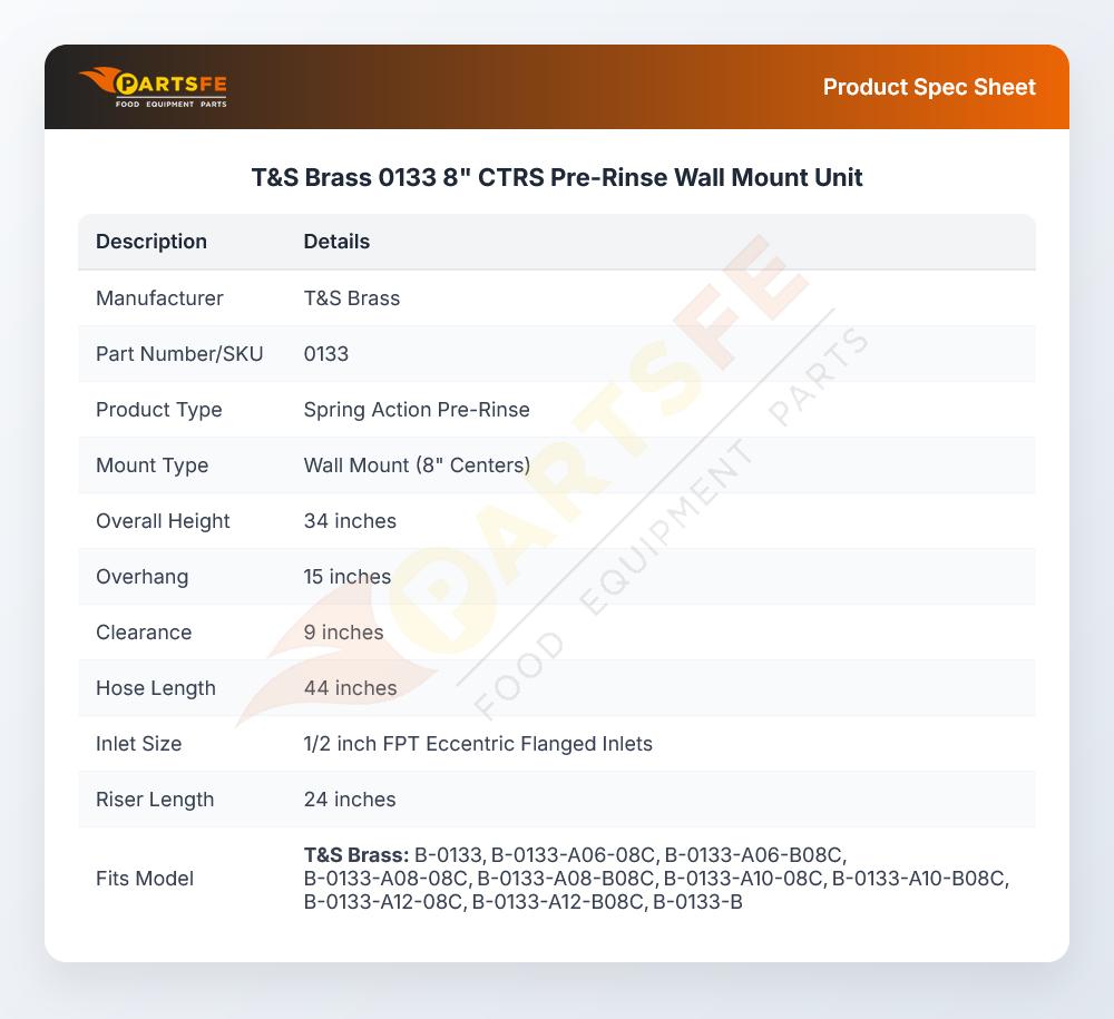 T&S Brass 0133 Pre-Rinse Unit Wall Mount 8"