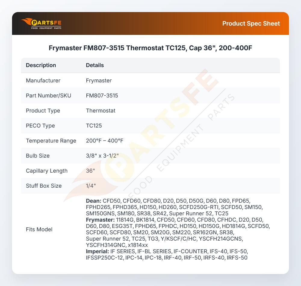Frymaster FM807-3515 Thermostat TC125, Cap 36", 200-400F