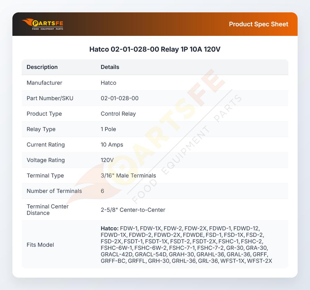 Hatco 02-01-028-00 Relay 1P 10A 120V