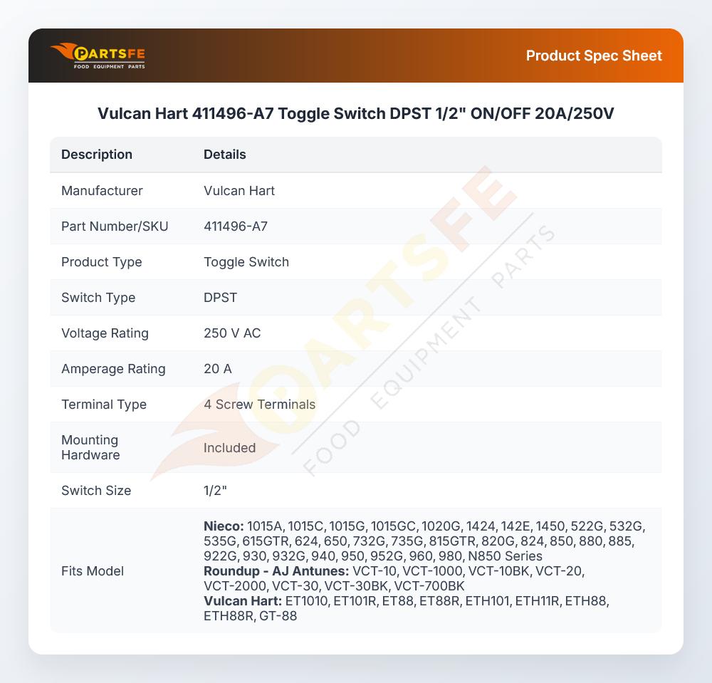 Vulcan Hart 411496-A7 Toggle Switch DPST 1/2" ON/OFF 20A/250V