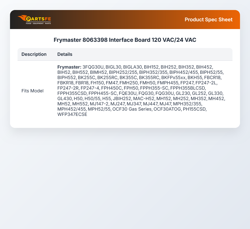 Frymaster 8063398 Fryer Interface Board 120 VAC/24 VAC
