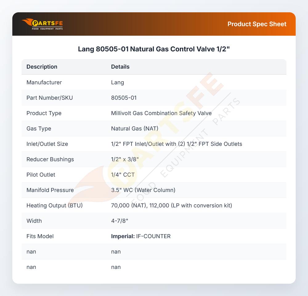 Lang 80505-01 Natural Gas Control Valve 1/2"