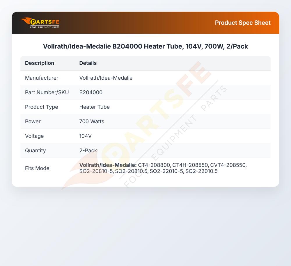 Vollrath B204000 Quartz Heater Tube 700W 104V