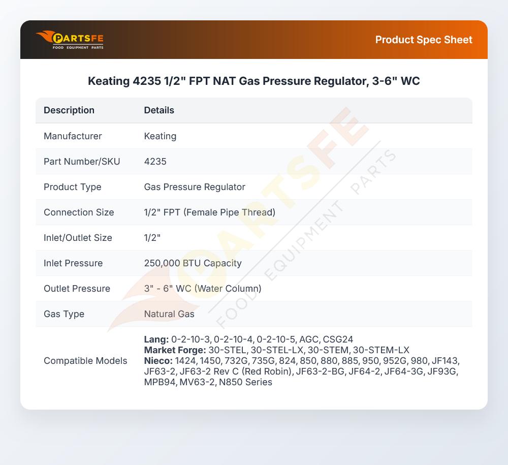 4235 1/2" FPT NAT Gas Pressure Regulator, 3-6" WC