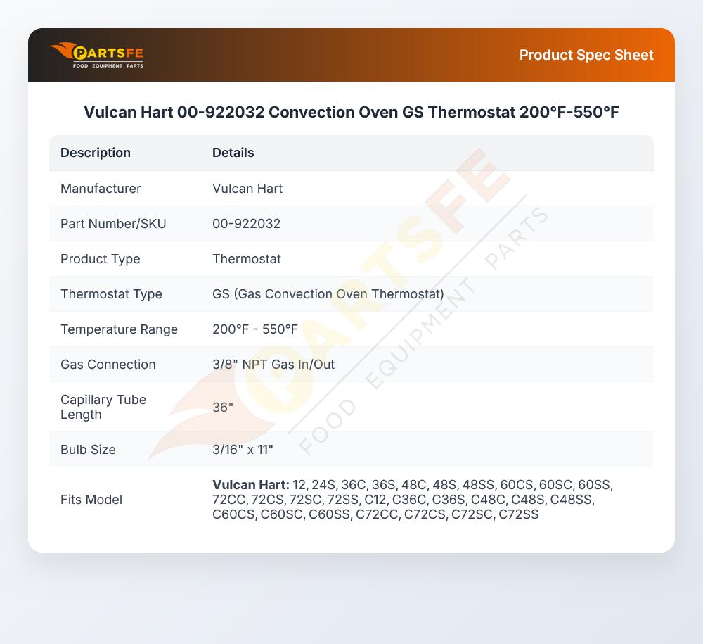 Vulcan Hart 00-922032 Convection Oven GS Thermostat 200&deg;F-550&deg;F