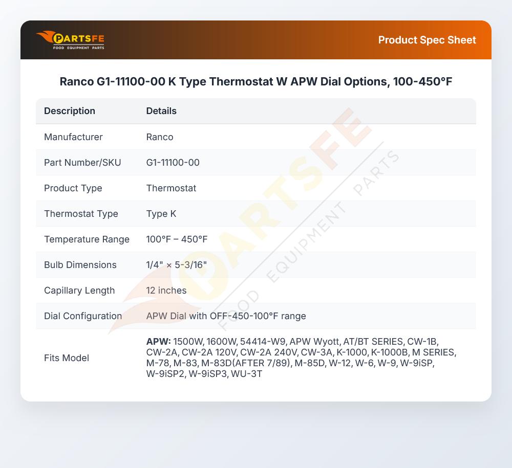 Ranco G1-11100-00 Thermostat W/Dial Options 100-450&deg;F K-Type