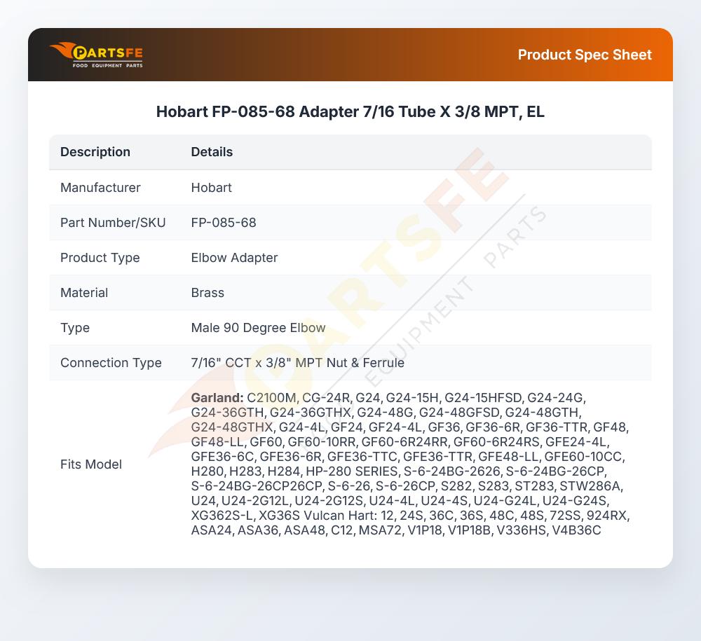 Hobart FP-085-68 Adapter Elbow Fitting Tube 7/16" CCT X 3/8" MPT