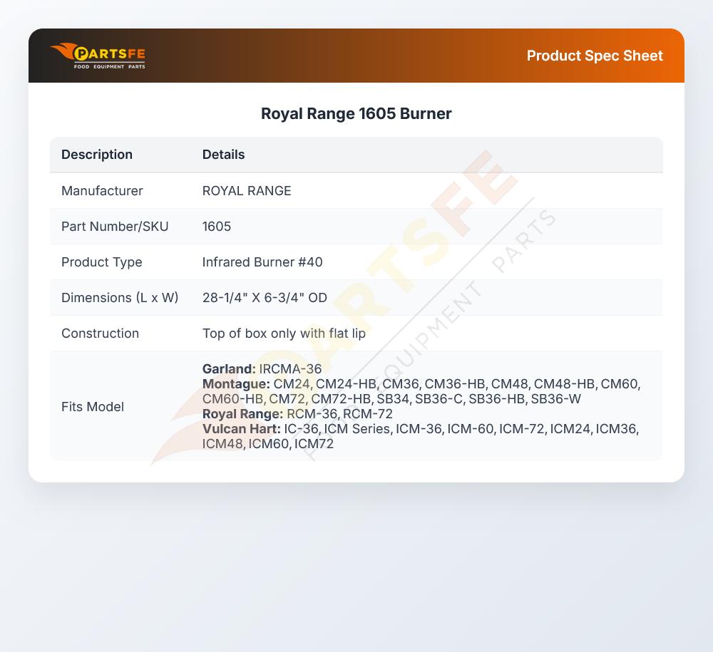 Royal Range 1605 Infrared Burner Big B-35 RCM-36/60/72