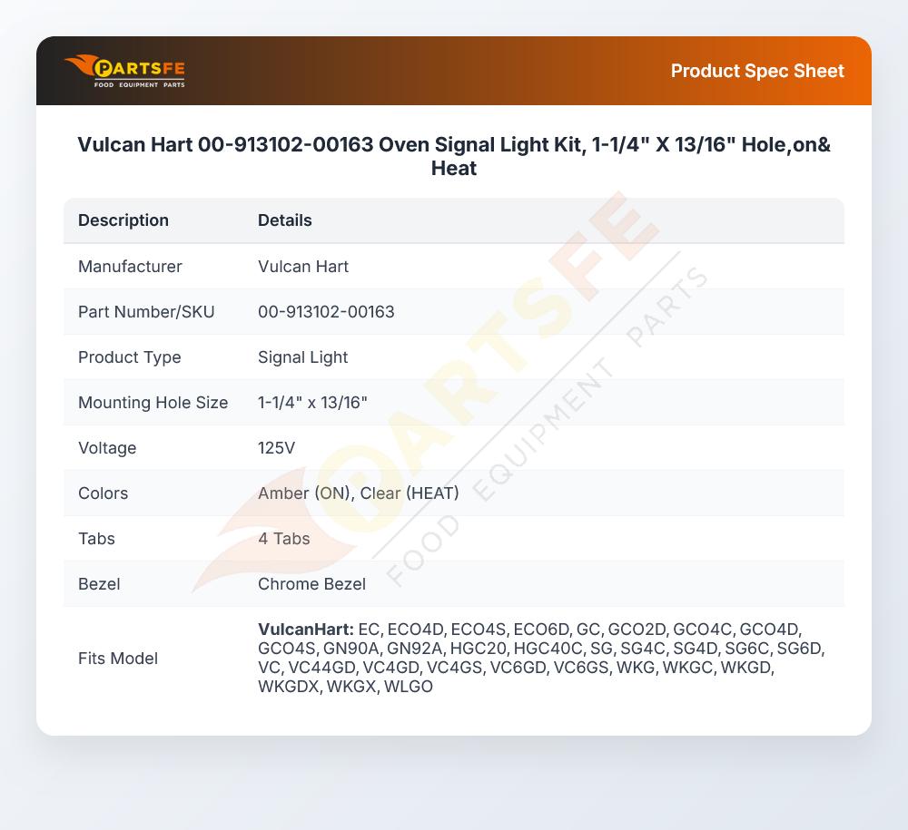 Vulcan Hart 00-913102-00163 Oven Signal Light Kit On/Heat 120V
