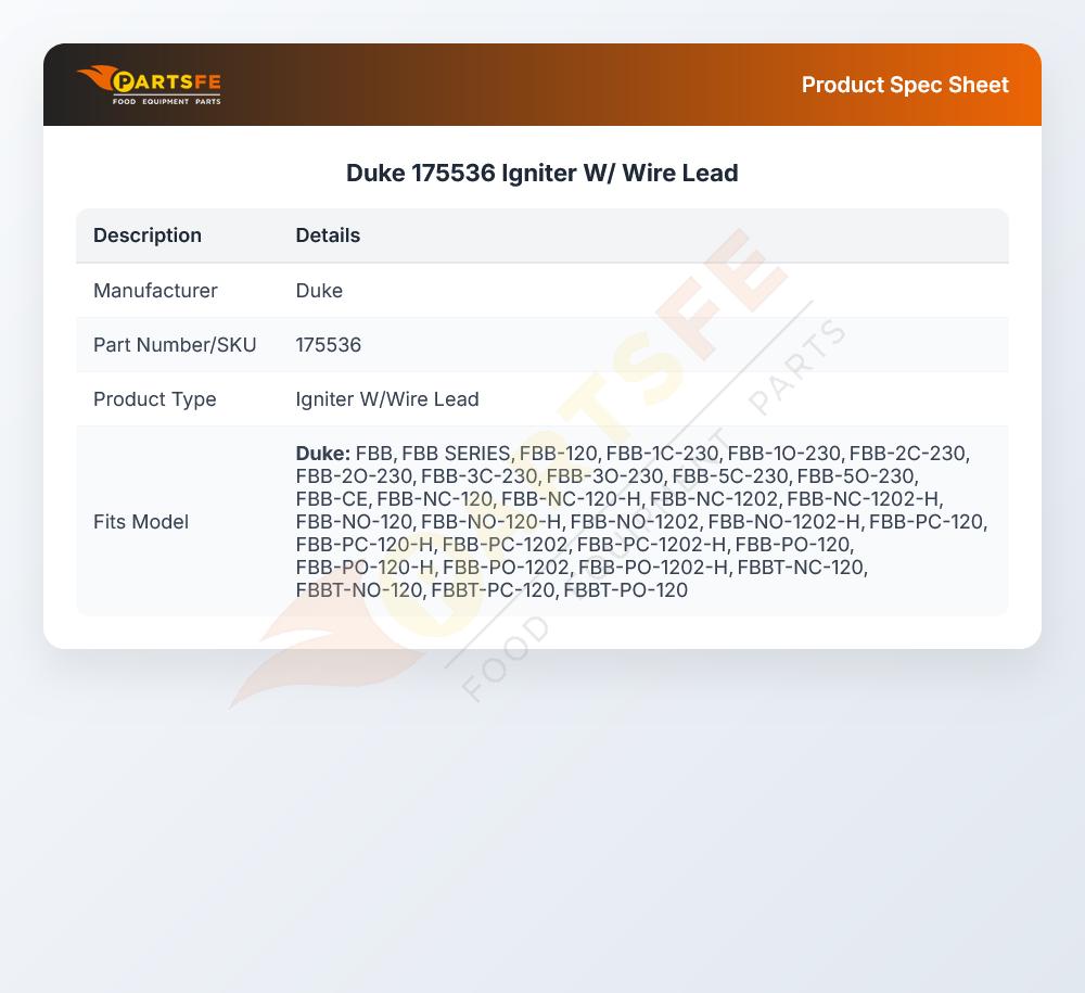 Duke 175536 Igniter W/Wire Lead