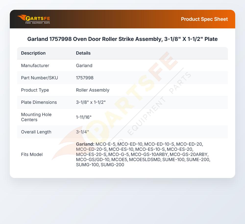 Garland 1757998 Oven Door Roller Strike Assembly 3-1/8" X 1-1/2" Plate