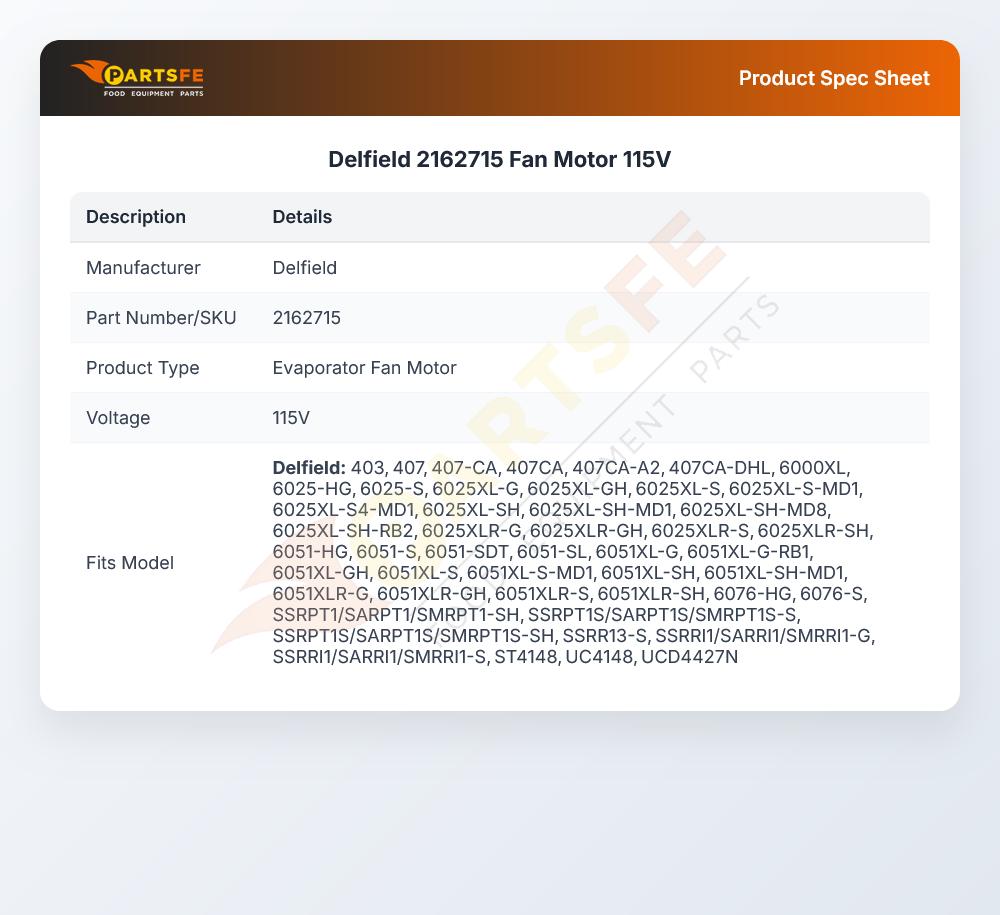 Delfield 2162715 Fan Motor 115V
