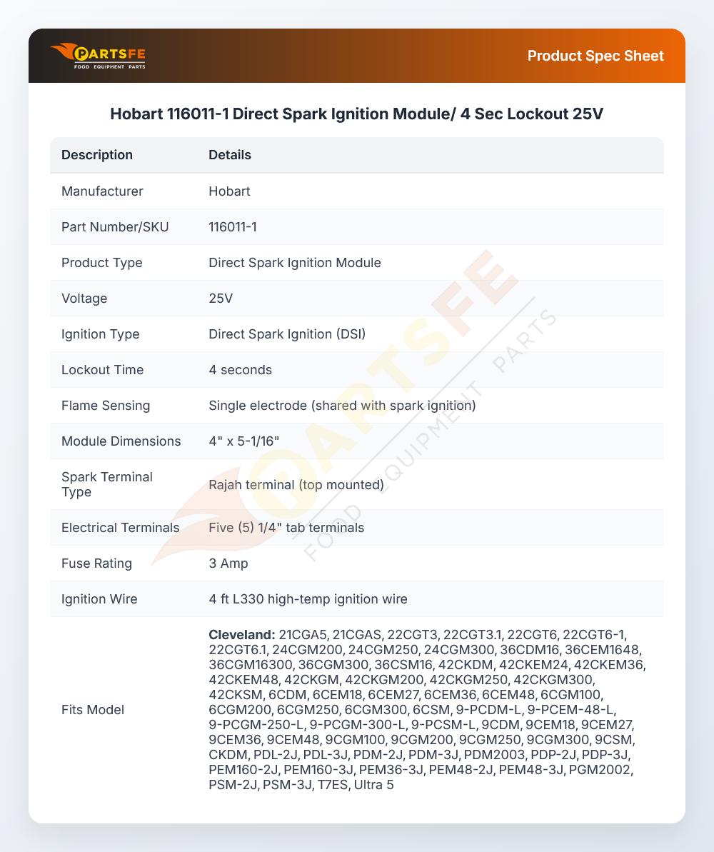 Hobart 116011-1 Direct Spark Ignition Module/ 4 Sec Lockout 25V