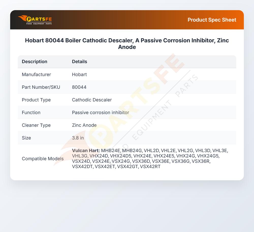 Hobart 80044 Boiler Cathodic Descaler, A Passive Corrosion Inhibitor, Zinc Anode