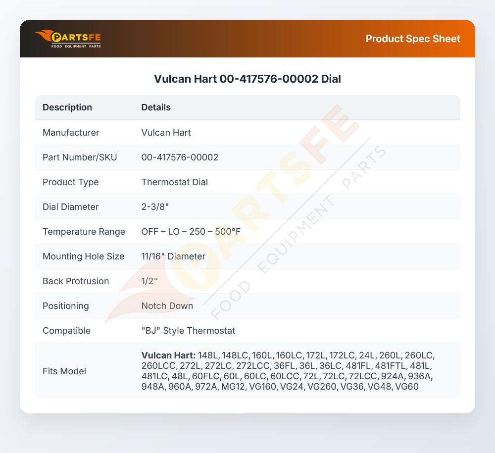 Vulcan Hart 00-417576-00002 Dial